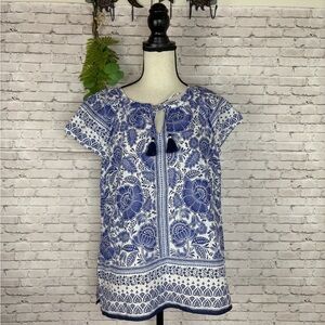 Talbots White Cotton Blue Floral Tassle Blouse